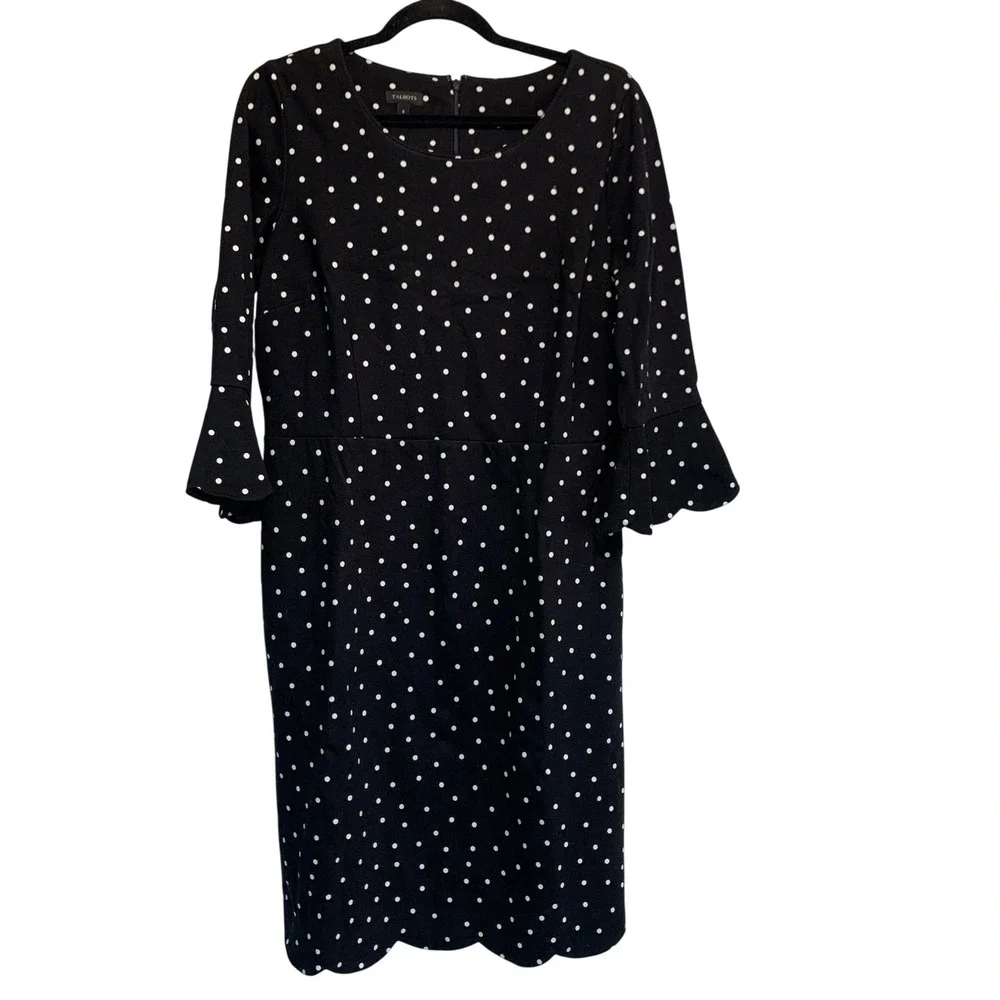 Talbots Polka Dot Dress 8 Black White Bell Sleeve Scalloped Hem Sheath Classic